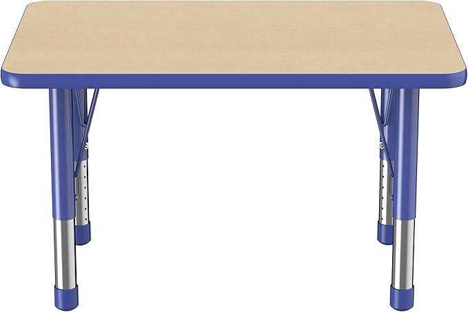 FDP Rectangle Activity School and Classroom Kids Table (24 x 36 inch), Chunky Toddler Leg, Adjustable Height 15-24 inches - Maple Top and Blue Edge