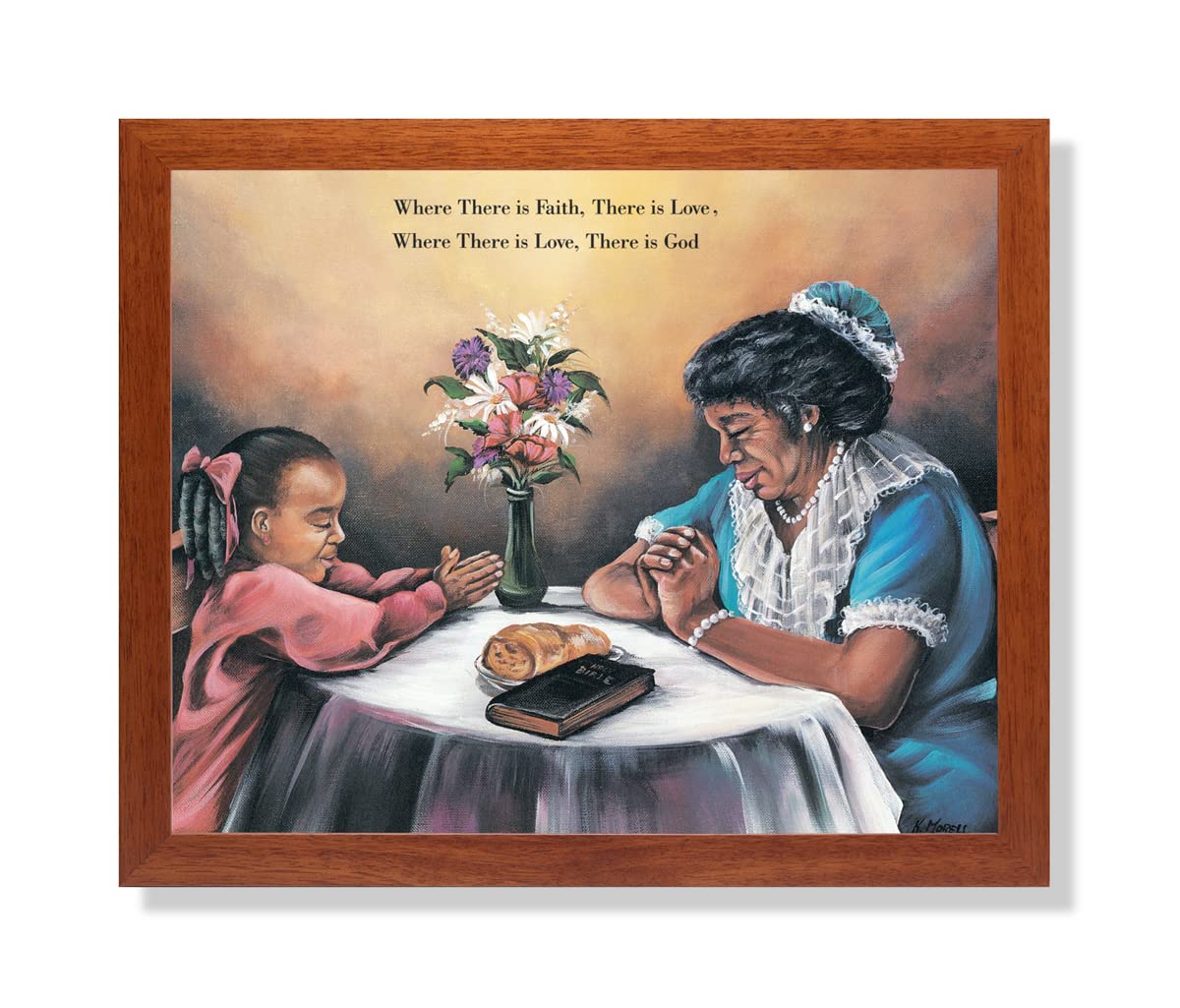 Religious Art Print – African American Family Prayer Artwork | Honey Wood Frame 16x20