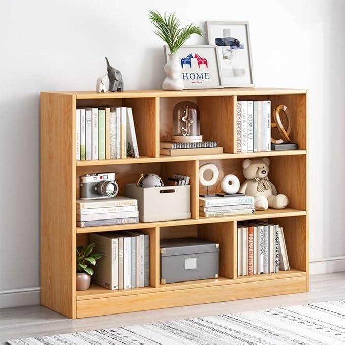 IOTXY Open Shelf Low Bookcase - Wooden 3-Tier Floor Standing Display Cabinet Organizer with Base, 8 Cubes Short Horizontal Bookshelf in Pear Yellow