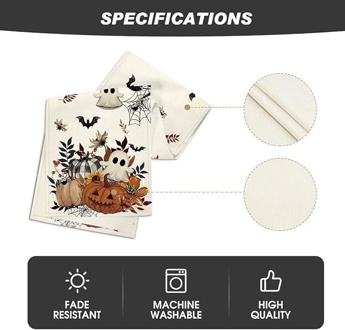 Artoid Mode Pumpkin Ghost Leaves Spider Web 210 GSM Halloween Table Runner, Spooky Kitchen Dining Table Decoration for Home Party Decor 13x48 Inch