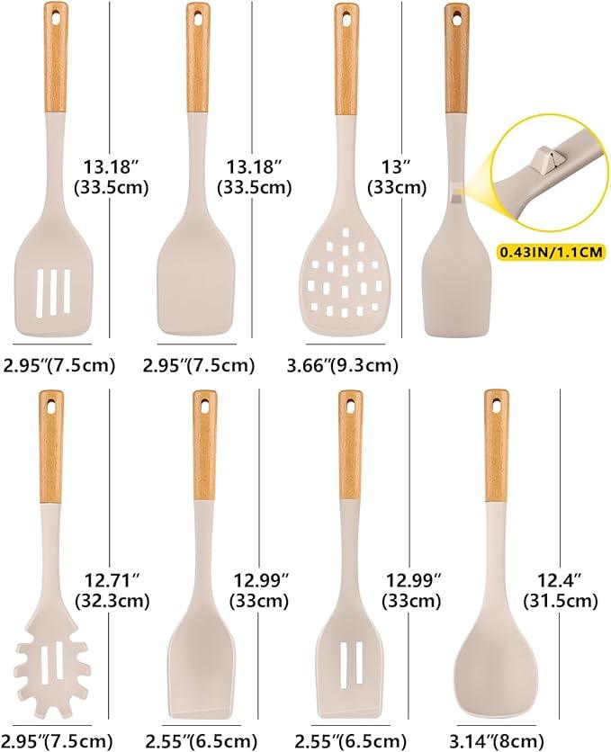 Silicone Kitchen Utensil Set for Non Stick Cookware, 7 Pcs Heat Resistant Cooking Utensils with Wooden Handle, BPA Free Kitchen Tools with Spatulas, Spoons, Skimmer and Pasta Fork (KHAKI)