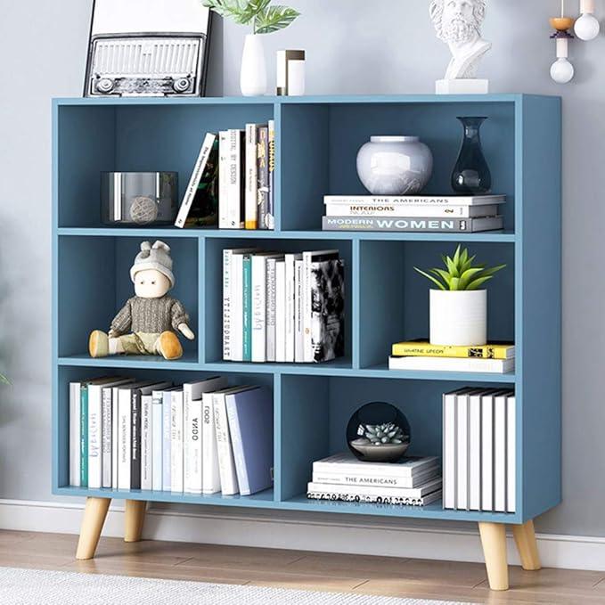 IOTXY Wooden Open Shelf Bookcase - 3-Tier Floor Standing Display Cabinet Rack with Legs, 7 Cubes Bookshelf, Bright Blue