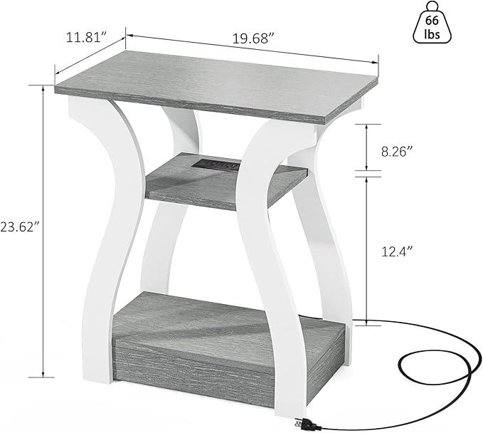 End Tables Living Room, Grey End Table with Charging Station, Grey Side Table, Nightstand for Bedroom, 3 Tier End Table with Storage Shelf for Living Room