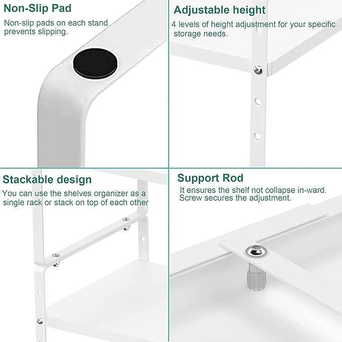 iPEGTOP Expandable Cabinet Storage Shelf Organizer Rack, Heavy Duty Cupboard Stand Spice Rack Adjustable Height Garage Pantry Shelf Space Riser for Counter Kitchen Organization, White, 3 Pack