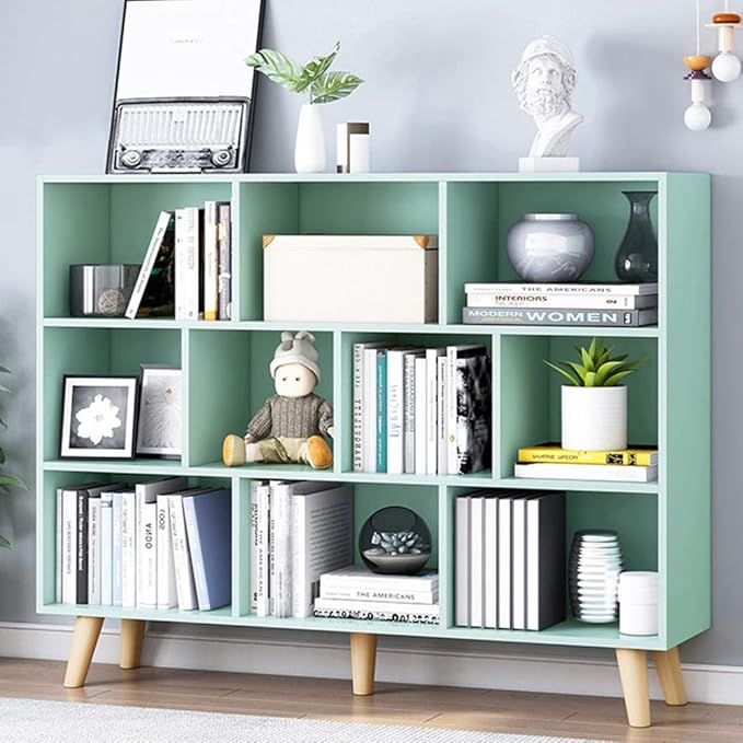 IOTXY Wooden Open Shelf Bookcase - 3-Tier Floor Standing Display Cabinet Rack with Legs, 10 Cubes Bookshelf, Tiffany-Green