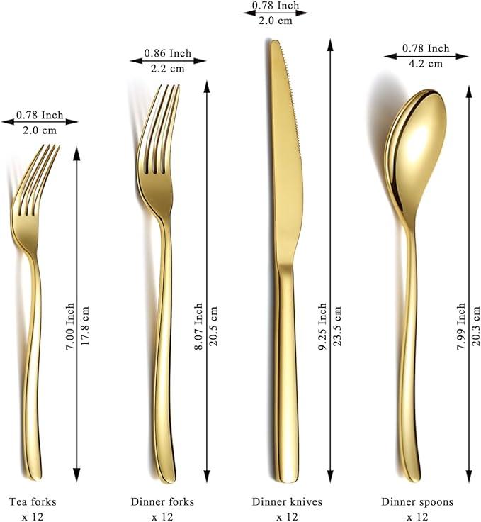 Berglander Gold Silverware Set 48pcs Service for 12, Golden Titanium Plating Stainless Steel Flatware Set, Gold Spoons Forks Knives Set for Home, Wedding, Restaurant, Hotel, Dishwasher Safe