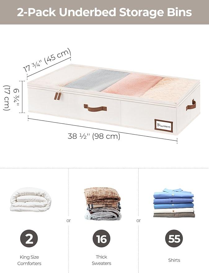 StorageWorks Extra Large Under Bed Storage Containers with Handles and Label Holder, 2 Pack Ultra-thick Fabric Underbed Bins, Closet Organizer for Clothes, Blankets, Sweater