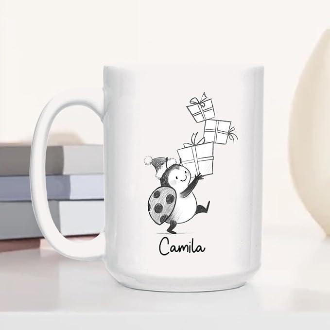 Ladybug Accent Ceramic Teacup, Personalized Ladybug Lover Coffee Mug Gift For Family Friends Besties Sibling, Cute Ladybugs Coffee Cup 11 15Oz, Customized Name Ladybugs White Coffee Cup For Birthday