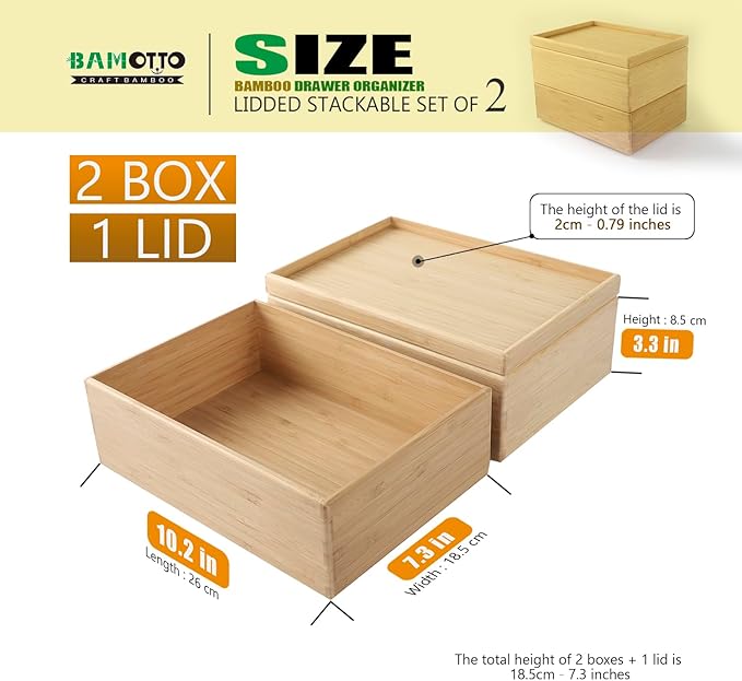 Stackable Bamboo Drawer Organizer Set – 2 Boxes with 1 Lid | Wood-Laminated Trays for Kitchen Utensils, Silverware & Flatware – Storage Fits Cabinets, Pantry, Bathroom & Office | 10.2