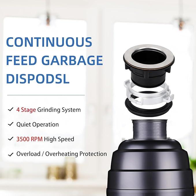 Powerful 1HP Stainless Steel Garbage Disposer, Dishwasher-Friendly and Continuous Feeding Waste Disposer, Grinding Material Four-Stage Grinding, Black