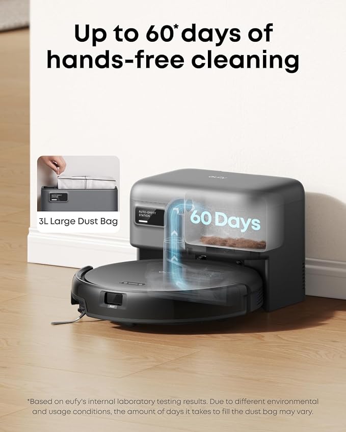 eufy C10 Robot Vacuum Self Emptying, 8 Weeks Hands Free, Advanced Smart Mapping with LiDAR Navigation, 2.85-Inch Slim Design, Powerful Suction, Edge Expansion Brush for Pet Hair