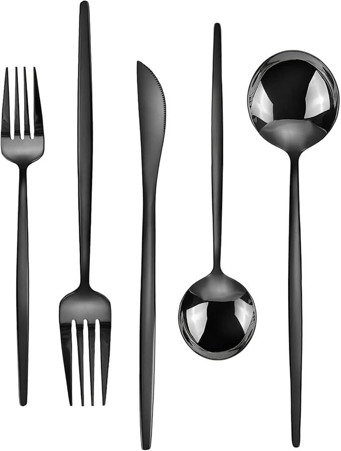 Black Silverware Set, KassKa 40 Pieces Flatware Cutlery Set, Stainless Steel Utensils Set Spoon Fork Knives Set for Home Restaurant and Kitchen, Mirror Polished Finished, Service for 8