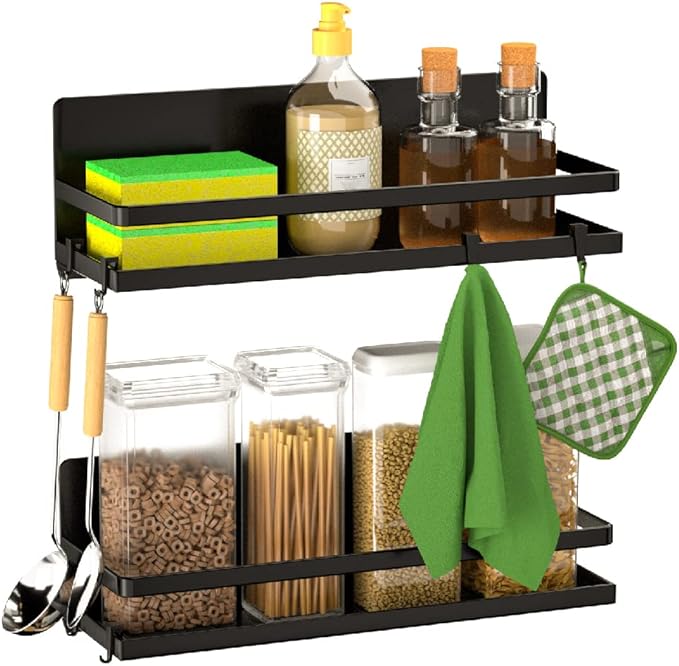 Magnetic Spice Rack Refrigerator Magnetic Shelf Fridge Organizer Space Saver Container for Kitchen/Apartment, Drill free, Black 4 Packs