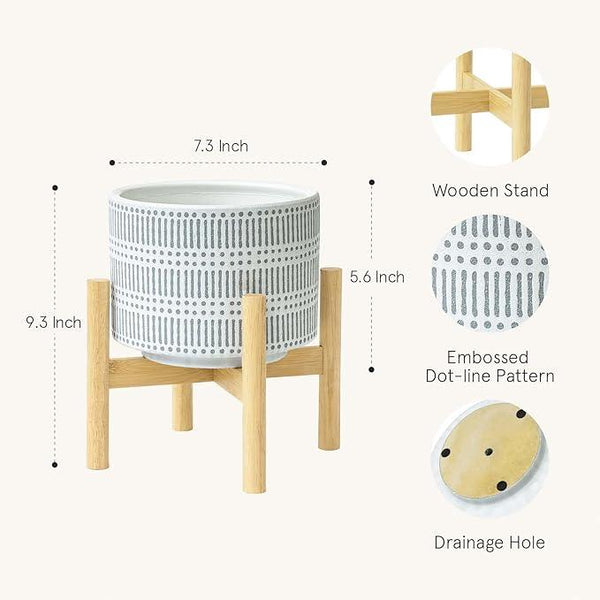 LA JOLIE MUSE Ceramic Plant Pot with Wood Stand - 7.3 Inch Modern Round Decorative Flower Pot Indoor with Wood Planter Holder, Slate Blue and White