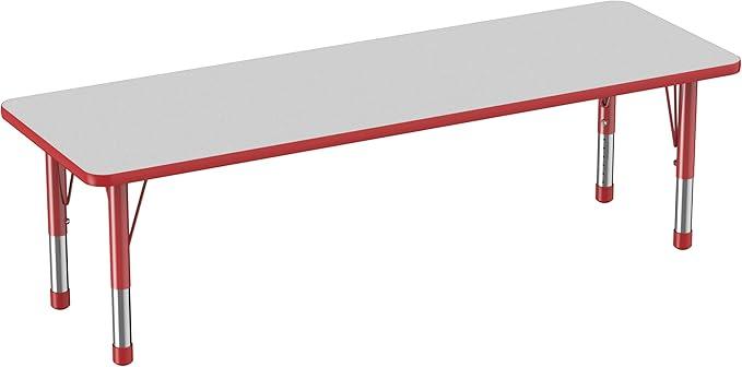 FDP Rectangle Activity School and Classroom Kids Table (24 x 72 inch), Chunky Toddler Legs, Adjustable Table Height 15-24 inches - Gray Top and Red Edge