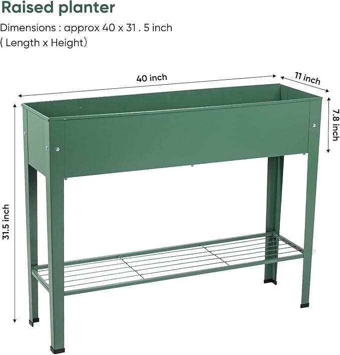 Raised Garden Bed, Elevated Planter Green Metal Plant Box with Legs Standing Garden Stand Drainage Holes Green (Green 40
