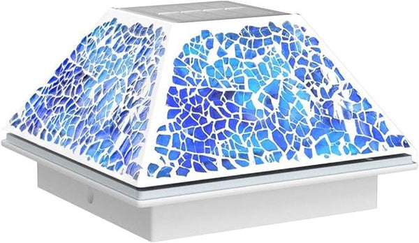 2PK Mosaic Solar Post Cap Lights Outdoor for 4x4, 3.5x3.5 Post Crackled Glass Deck Fence Lamp Weatherproof LED Light Decor in Garden, Yard, Outdoor Table, Balcony, Landscape- Cyan Blue