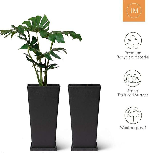 La Jolíe Muse Tall Planters 20 Inch, Flower Pot Pack 2, Patio Deck Indoor Outdoor Garden Tree Planters (Black)