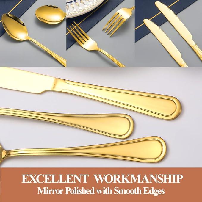 40 Pcs Gold Silverware Set for 8 with Simple Striped Handle Design, Food Grade Stainless Steel Flatware Set, Eating Utensils Sets Include Fork/Knife/Spoon, Cutlery Set, Dishwasher Safe