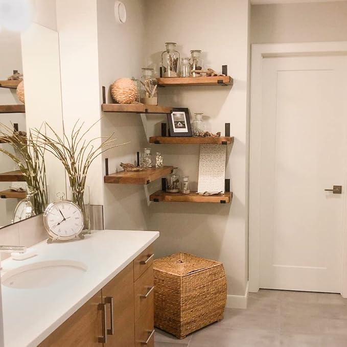 Rustic Shelves with J-Brackets Set of 2, Industrial Shelf, Kitchen Shelves, Solid Wood, Decorative Wall Storage, Heavy Duty, URBANDI (Brown, 48Wx12D)