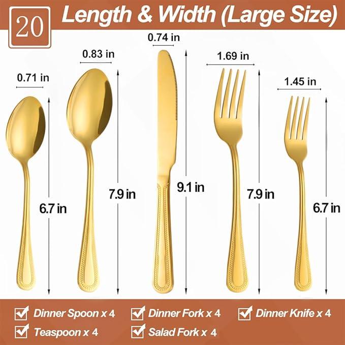 20 Pcs Gold Silverware Set for 4 with Pearled Edge Handle design, Food Grade Stainless Steel Flatware Set, Eating Utensils Sets Include Fork/Knife/Spoon, Reusable Cutlery Set, Dishwasher Safe