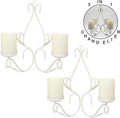 3 in 1 Lighting Chandelier, Metal Wall Sconce Set of 2, Table Centerpiece for Indoor or Outdoor, Chain and Candles Included, White