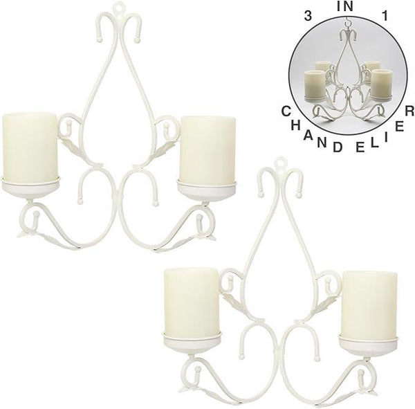 3 in 1 Lighting Chandelier, Metal Wall Sconce Set of 2, Table Centerpiece for Indoor or Outdoor, Chain and Candles Included, White