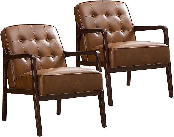 Faux Leather Accent Chair Set of 2, Mid Century Chair for Living Room, Upholstered Comfy Lounge Armchair with Solid Wood Frame, Modern Chair for Bedroom,105°Ergonomic Comfort, Brown
