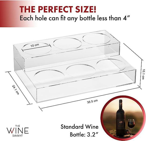 Acrylic Bottle Holder, Coffee Syrup Rack Display Case | 2-Tiered 6 Bottle | Wine Bar Bottle Rack, Clear Shelf Rack for Kitchen, Countertop, Fridge Pantry Storage Organizer - Wine, Soda, Cans, Liquor