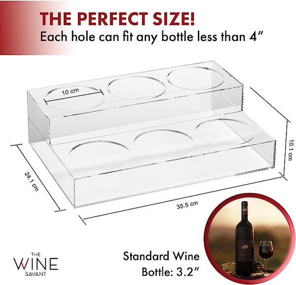 Acrylic Bottle Holder, Coffee Syrup Rack Display Case | 2-Tiered 6 Bottle | Wine Bar Bottle Rack, Clear Shelf Rack for Kitchen, Countertop, Fridge Pantry Storage Organizer - Wine, Soda, Cans, Liquor