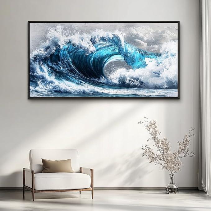 PHAOHUAXM Large Canvas Blue Wave Paintings Wall Art For Living Room Wall Decoration For Bedroom Ocean Wall Pictures Printing Office Decorations Posters Modern Home Decor Black Framed 30x60 In