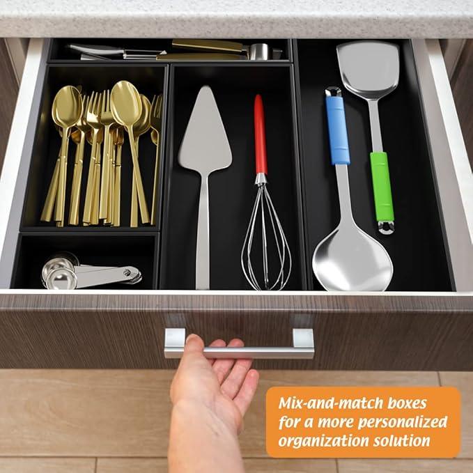 Black Bamboo Drawer Organizer - Silverware&Utensil Holder Organizer for Kitchen Drawers, Multi-Use Drawer Dividers Boxes for Bathroom Counter，Cabinet, Garage, Office Desk, Makeup, Jewelry (12