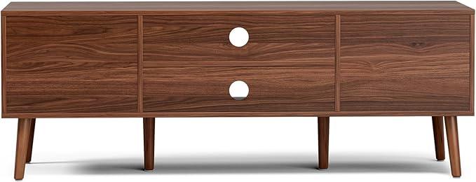 TV Stand for Living Room, Mid Century Modern Entertainment Center for 55/60/65 inch TVs, TV Console with Fluted Door Cabinets and Open Shelves, for Bedroom, Walnut