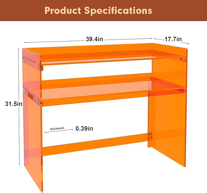 Acrylic Desk with Retaining Edge, Orange Acrylic Table, Console Table for Office, Study, Bedroom, Entrance Decor (17.7