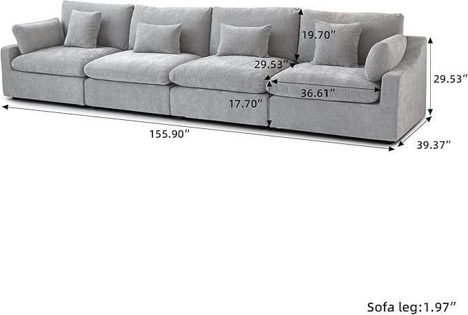 JACH Sectional Couches for Living Room, 4 Seater Cloud Sectional Couch with Deep Seat, Down Filled Modular Sofa, Covers Removeable & Washable, Sofas Furniture for Living Room, Light Grey