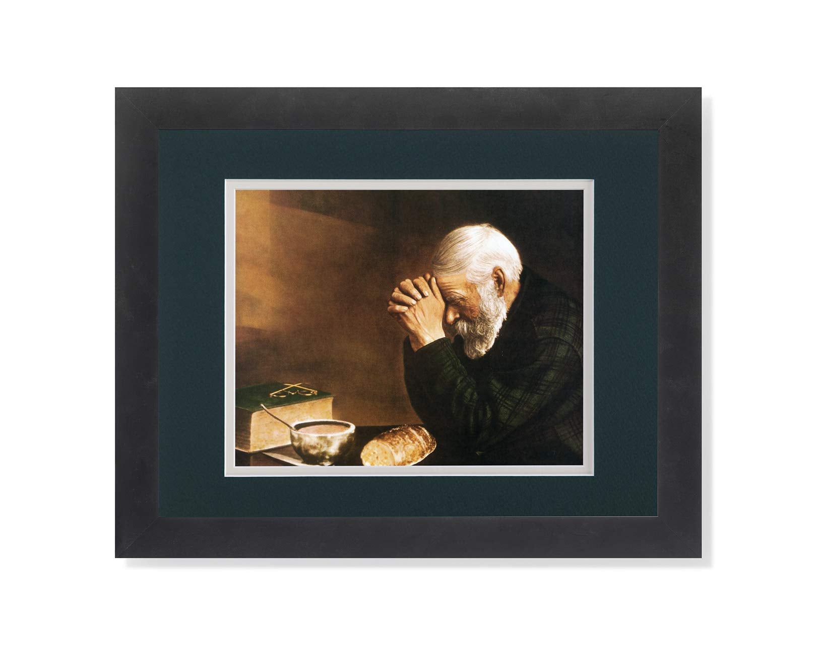 Framed Religious Wall Art – Daily Bread Man Praying with Green White Matting