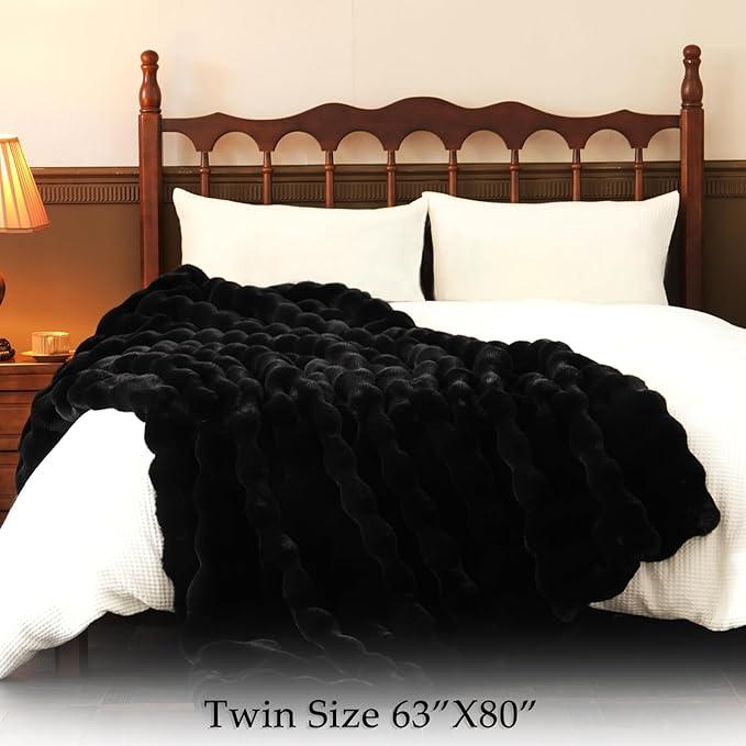 BENVWE Faux Fur Throw Blanket for Couch Bed - Fluffy Soft Thick Bubble Blanket for Living Room Home Decor - Fathers Day Birthday Gifts for Women Men, Black, 60