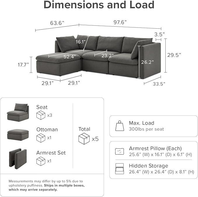 mopio Oversized Modular Sectional Sofa with Fully Removable Covers and Storage, Convertible U, L-Shaped and Sleeper Sectional, Modern Couches with Ottoman Chaise (Stone Gray Fabric, 4 Seats, L)