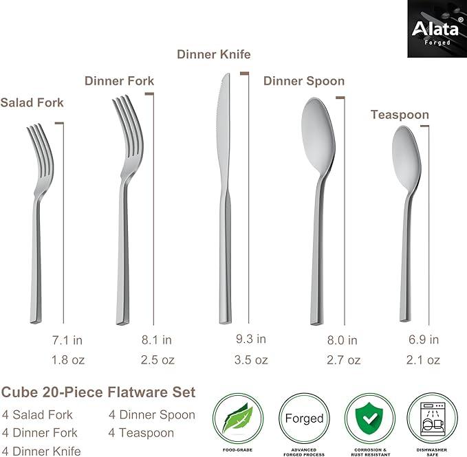 Alata Cube 20-Piece Forged Stainless Steel Flatware Set Cutlery Set,Silverware Set Service for 4,Mirror Finish,Dishwasher Safe
