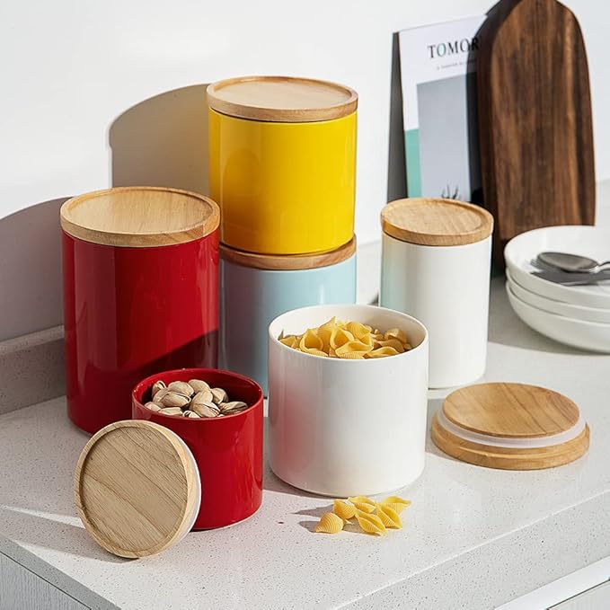 Sweejar Kitchen Canisters Ceramic Food Storage Jar, Stackable Containers with Airtight Seal Wooden Lid for Serving Coffee Bean, Flour, Tea, Spice and More - 39 Fl Oz (Yellow)