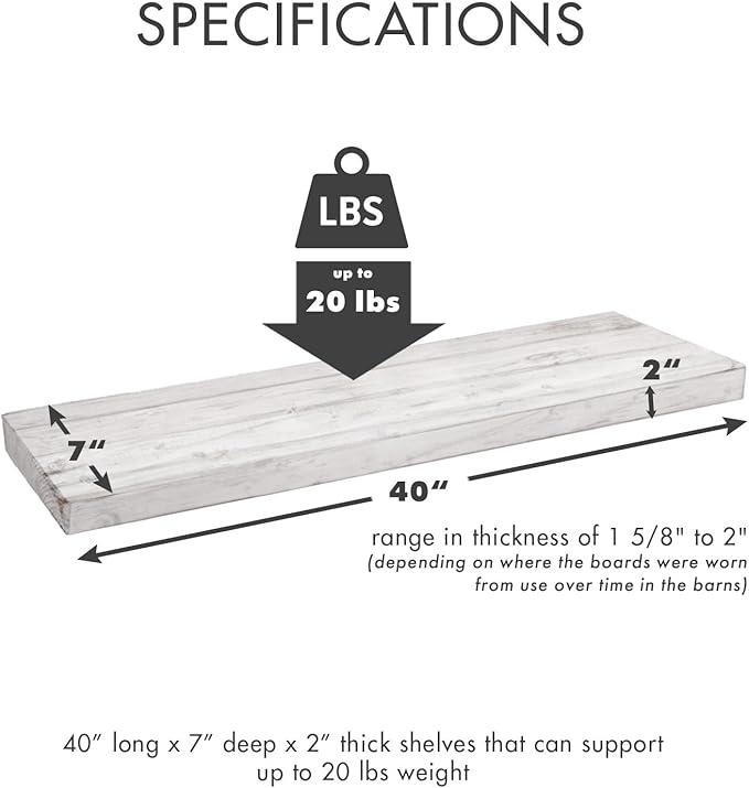 Urban Legacy Reclaimed Barnwood Planks | Floating Shelves for Wall w/Flush Mount Shelf Bracket Set Included | Set of 2 (White Wash, 40