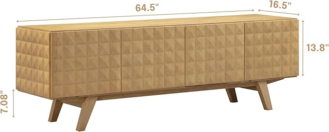 NTC Sapa Mid-Century Modern Solid Wood TV Stand 4-Door Media Console with Carved Geometric Fronts for TVs up to 75