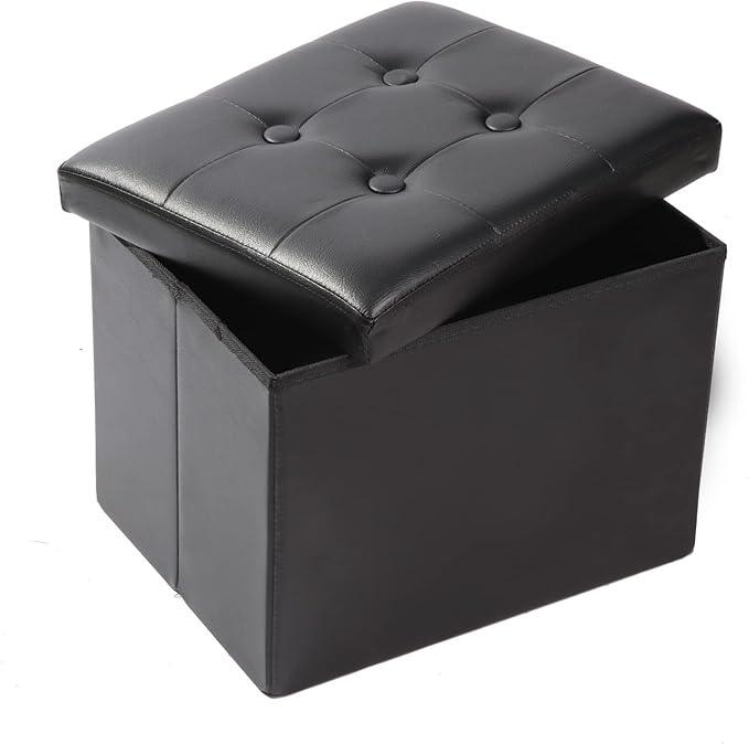 ALASDO Storage Ottoman Footrest Stool Small Ottoman with Storage Foldable Ottoman Leather Foot Rest Footstool Bench for Living Room 17x13x13inches Black