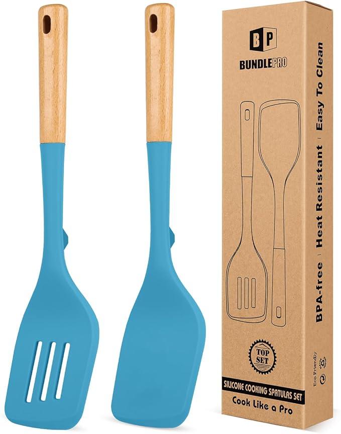 Pack of 2 Large Silicone Spatula, Heat Resistant Solid Turner, Non Stick Slotted Spatulas with Wooden Handle, Ideal Kitchen Utensils for Flipping, Pancakes, Eggs, Fish(BLUE)