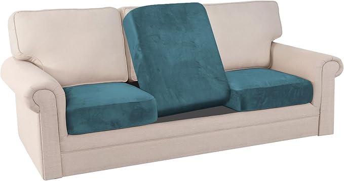 PrinceDeco Couch Cushion Covers, Stretch Washable Sofa Cushion Cover, Fitted Sofa Slipcover Velvet Fabric Non-Slip Furniture Protector for Dog,Pets, Kid (Each Width Up to 29.5
