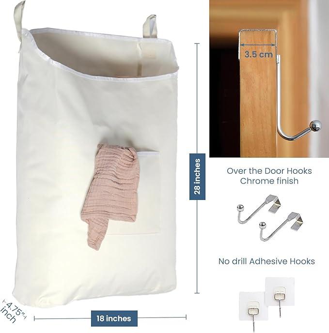 The Fine Living Co. Hanging Laundry Hamper with Over Door Hooks & Adhesive, Durable Space Saving Laundry Bag with Zipper and Wide Open Top, Hanging Dorm Laundry Hamper 18
