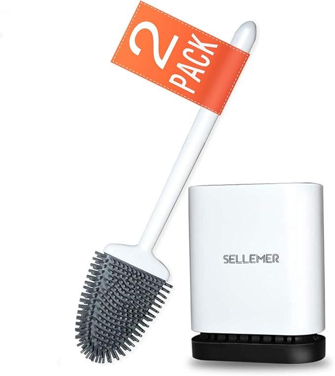 Sellemer Toilet Brush and Holder Set for Bathroom, Flexible Toilet Bowl Brush Head with Silicone Bristles, Compact Size for Storage and Organization, Ventilation Slots Base (2 Pack, White)