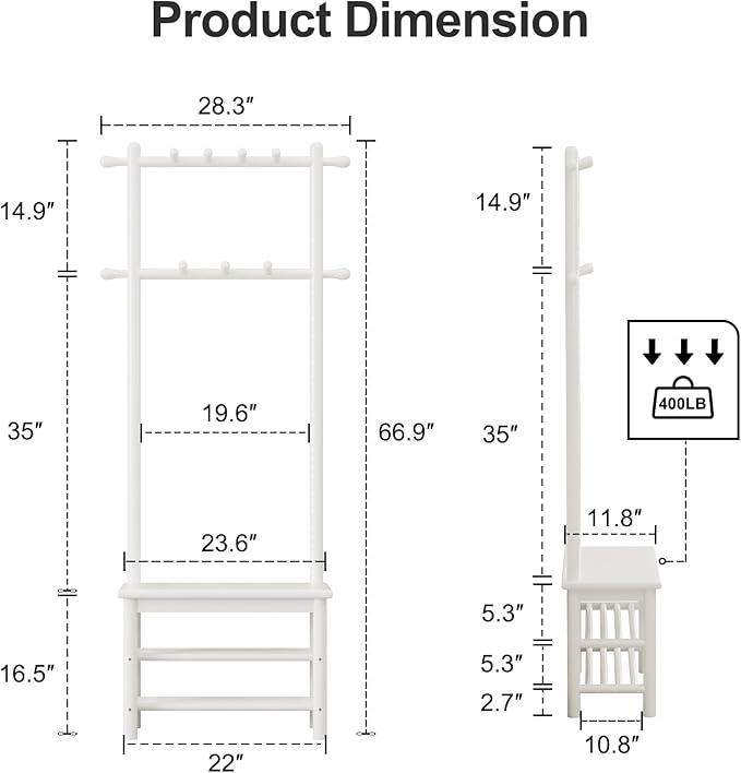 Coat Rack with Shoe Storage, Narrow Wooden Hall Tree with Bench, 11 Hooks and 2-Tier Storage Shelves, 3-in-1, Entryway Bench with Coat Rack (23.6
