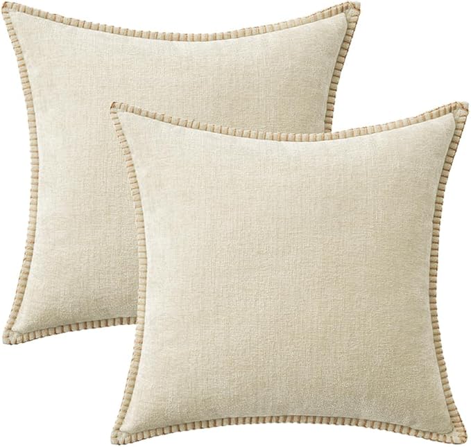 MIULEE Pack of 2 Christmas Pillow Covers 20x20 Inch Cream White Farmhouse Decorative Throw Pillow Covers with Stitched Edge Soft Chenille Solid Dyed Couch Pillow Covers for Sofa Bed Living Room