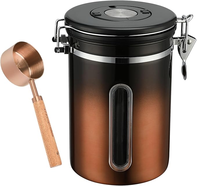 malmo Coffee Canister, Airtight Coffee Container with Date Tracker Lid, Stainless Steel Canister for Kitchen Food Storage (Black-Copper, 22oz with 1/4 Cup)